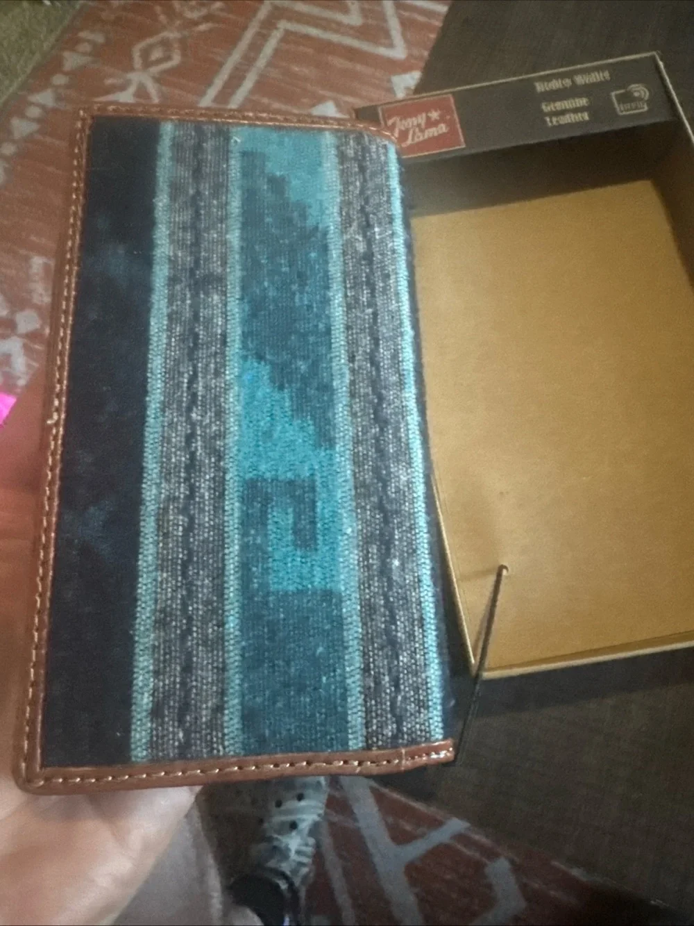 New Tony Lama Rodeo Wallet Blue Aztec Genuine Leather RFID Western Checkbook